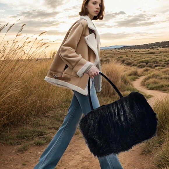 Women Luxury Real Lamb Mongolian Flush Wool Fur With Genuine Leather Handles Han - Picture 6 of 9